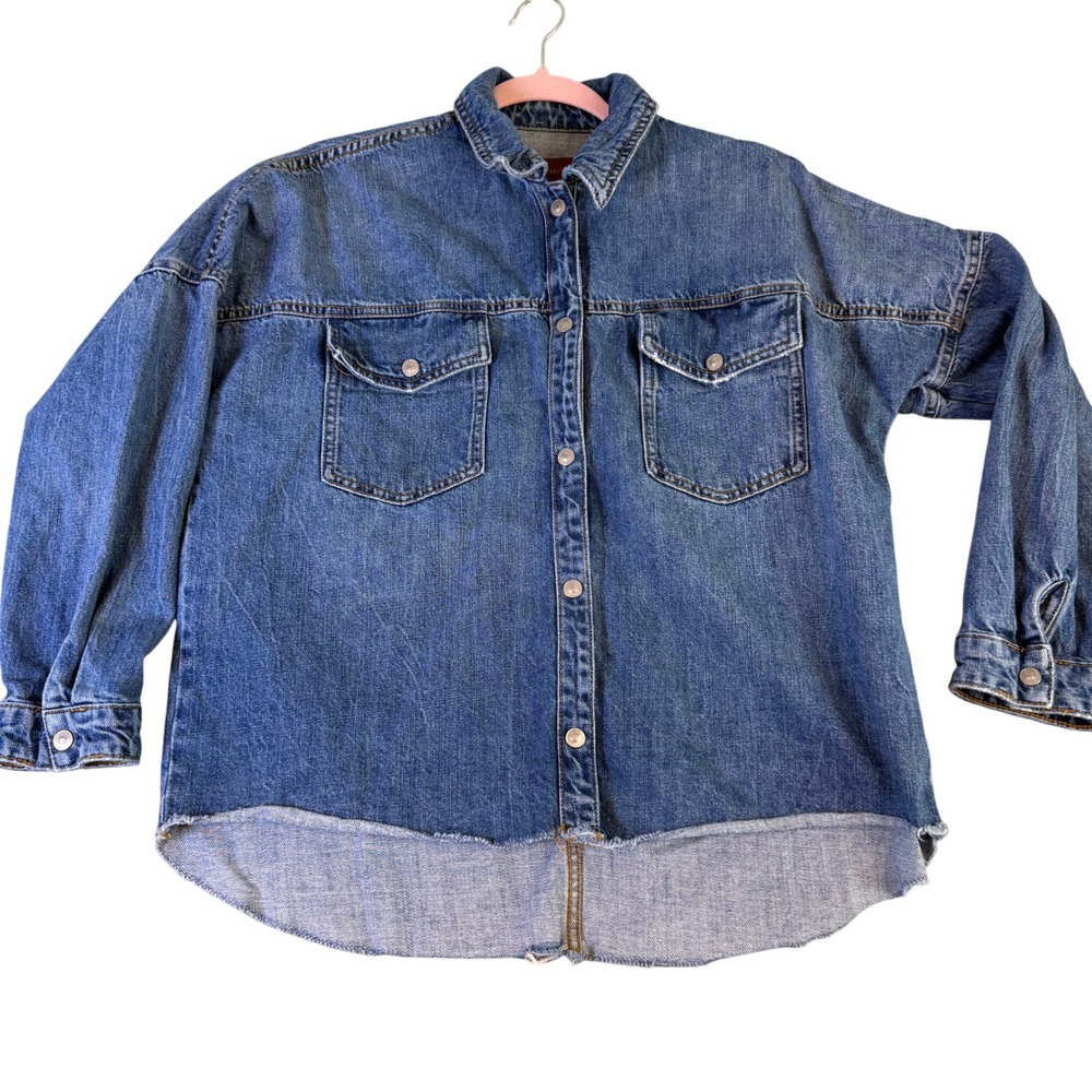Zara The Denim Overshirt Mid Blue Raw Hem Button Down Jacket XS 8246/082/400